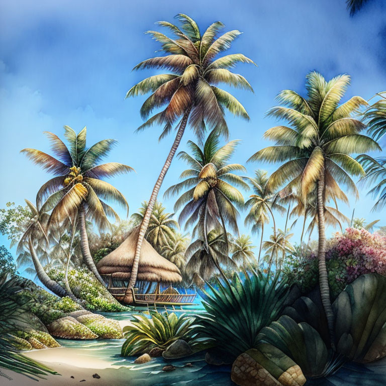 Tranquil tropical beach scene with palm trees, thatched hut, clear waters, and blue sky