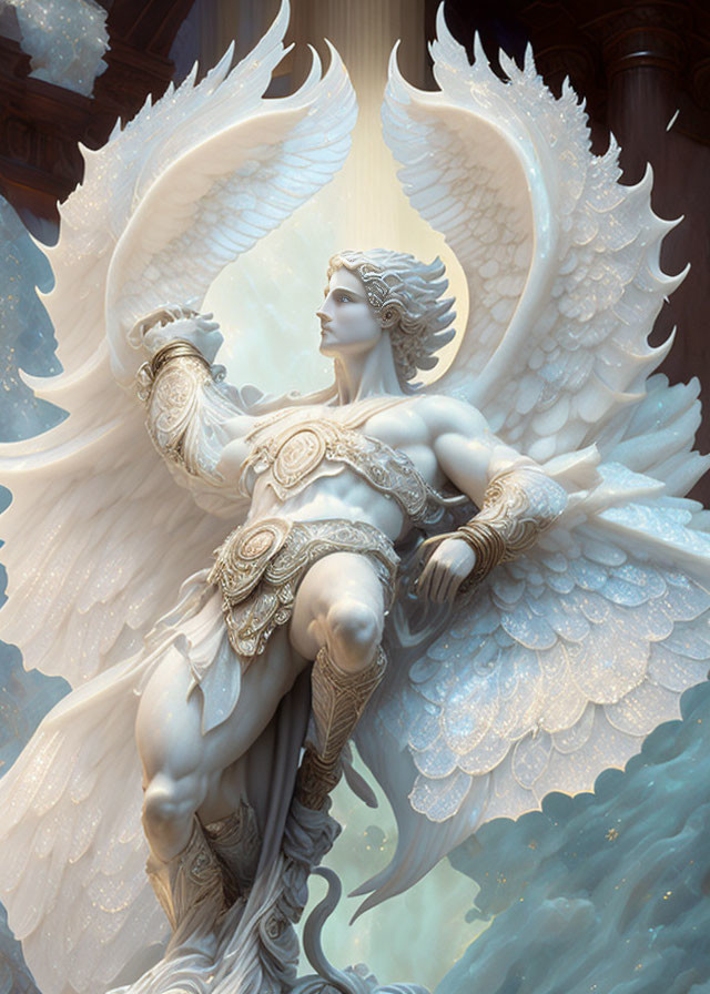 Angel statue with trumpet against ornate background