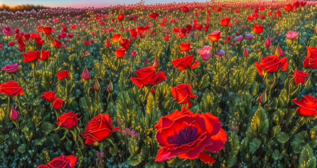 Blooming red roses in vibrant field under golden hour sunlight