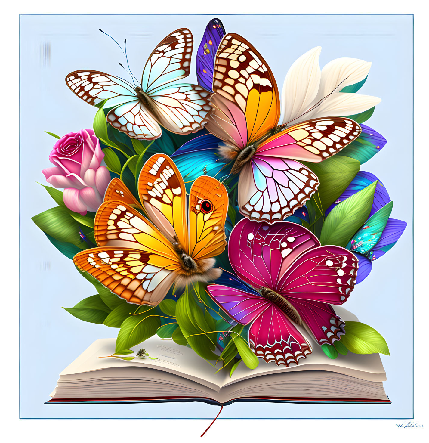 Vibrant butterflies on open book with flowers and leaves