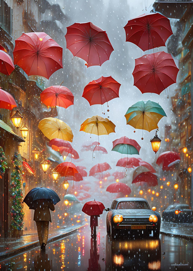 Colorful Umbrellas Float Above Rainy Street with Classic Car