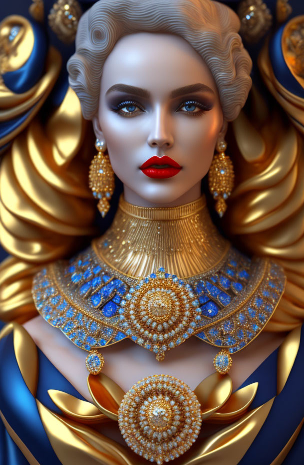 Digital artwork: Woman with white hair, red lips, gold & blue jewelry