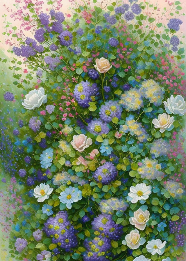 Colorful Floral Arrangement Painting in Purple, Green, and White on Pink Background