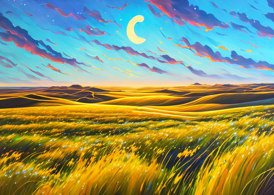 Twilight desert painting with golden grasses, undulating dunes, dynamic sky, and crescent