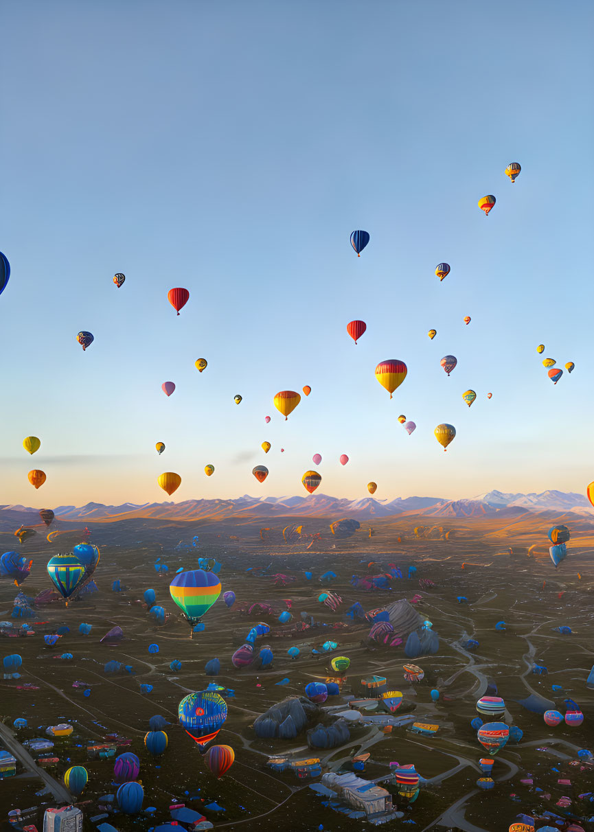 Vibrant hot air balloons soar over mountain landscape at sunrise/sunset