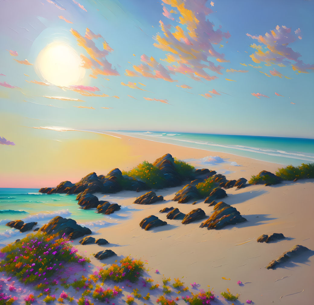 Scenic beach sunset with colorful sky, blue waters, sandy shore, rocks, and pink flowers