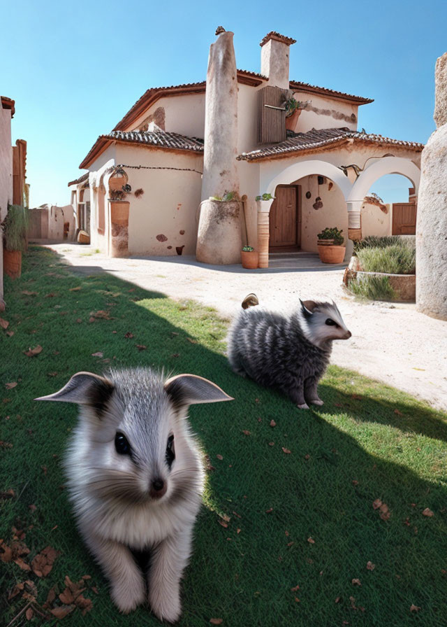 Quaint Villa Photomontage with Large Rabbit and Raccoon