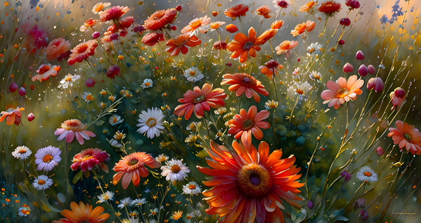 Colorful Wildflower Field with Orange, Red, and White Blossoms