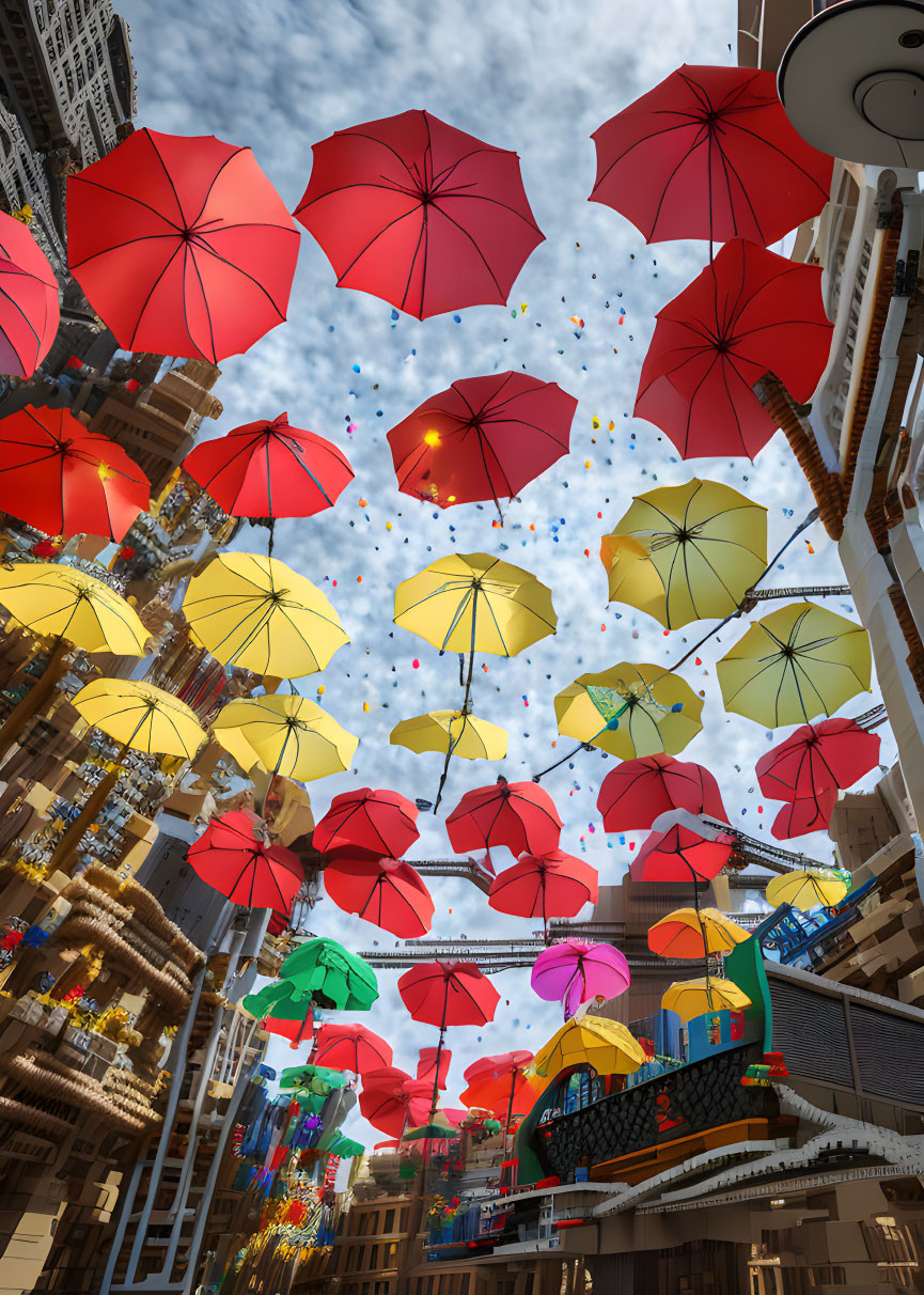 Vibrant street scene with colorful suspended umbrellas