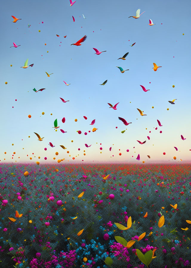 Multicolored flowers and butterflies in vibrant field