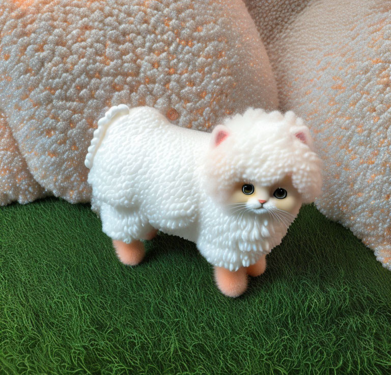 Fluffy White Toy Sheep on Green Grass with Coral Textured Objects