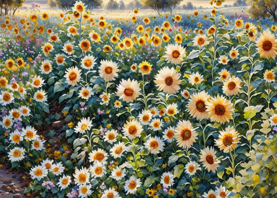 Scenic sunflower field with mixed flowers in warm sunlight