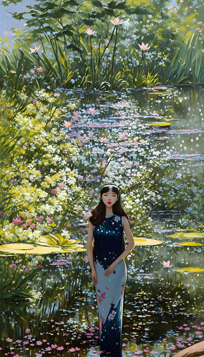 Woman in Blue Floral Dress Contemplating by Pond with Water Lilies