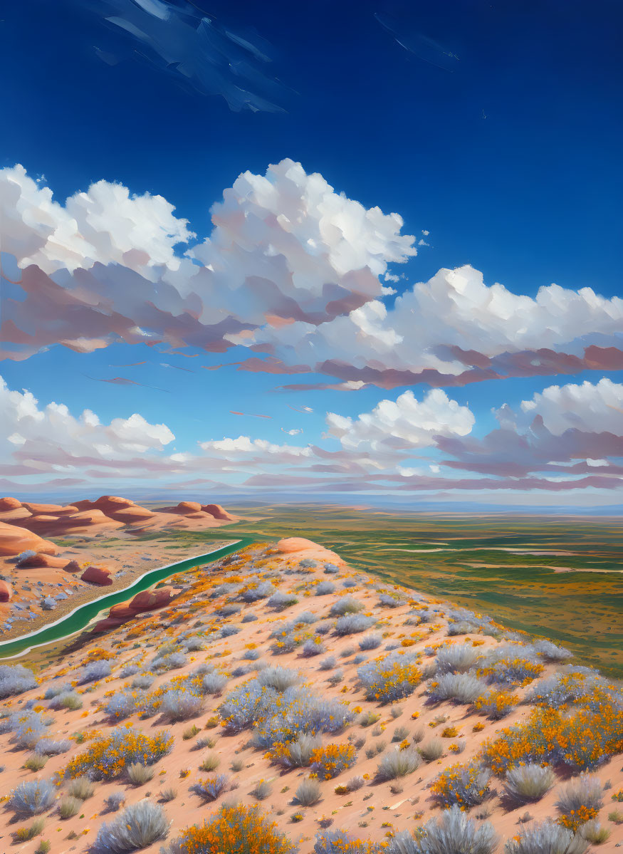 Vibrant desert landscape with blue skies, orange dunes, green riverbed, and blooming