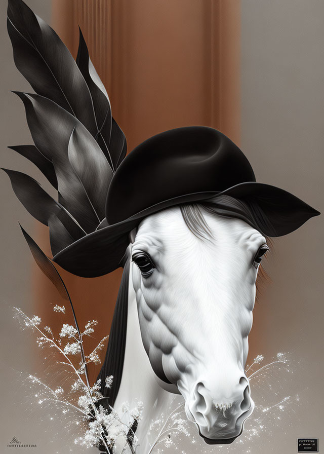 White Horse with Black Hat and Feathers on Beige Background