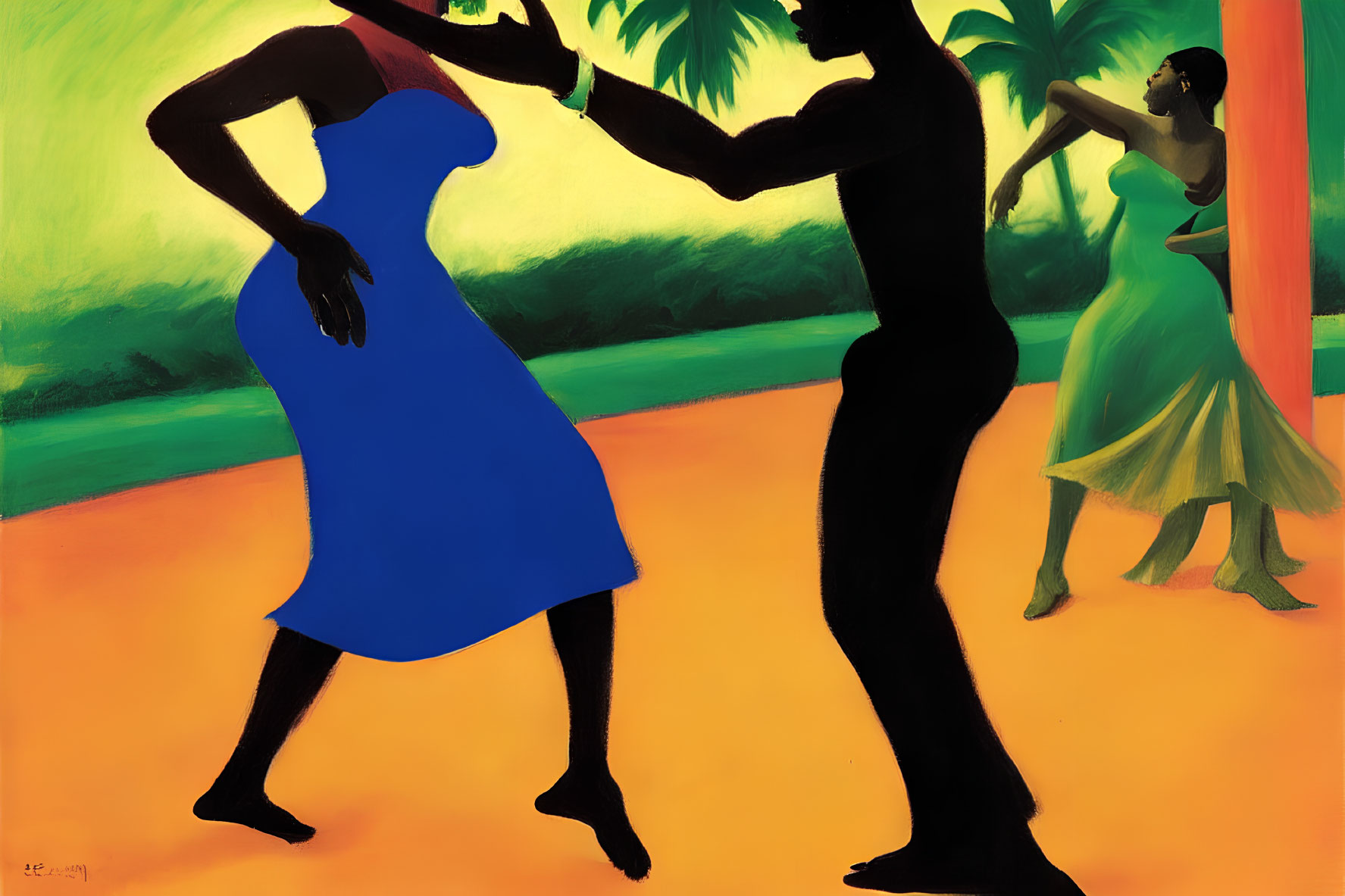 Abstract painting with stylized figures in blue and black dresses dancing amid green palms and orange ground