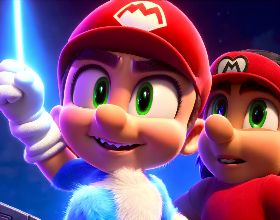 Two animated characters in Mario-like outfits with glowing blue device on starry background
