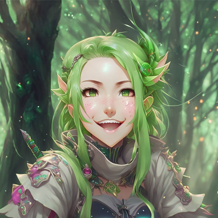 Smiling female elf with green hair in forest backdrop