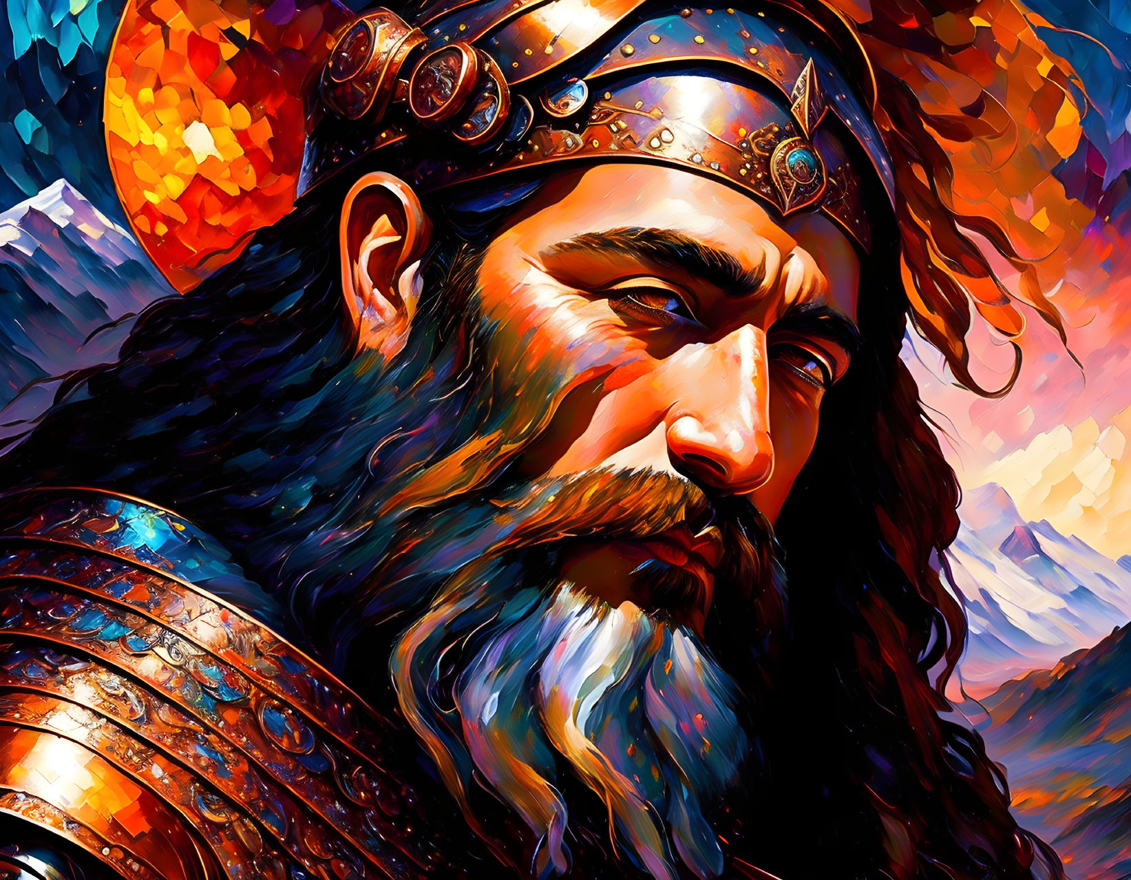 Colorful illustration: Bearded warrior in armor with crown, mountainous backdrop