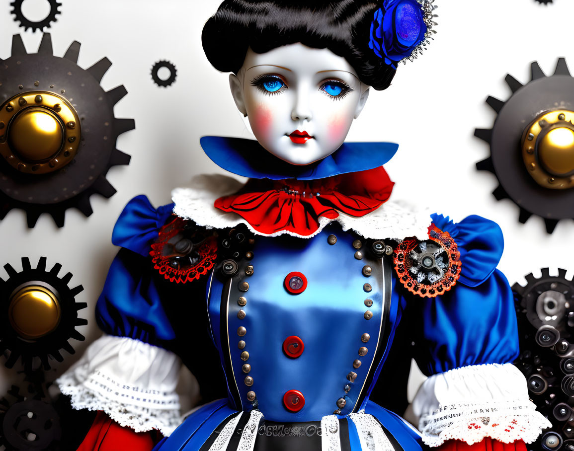 Porcelain doll with blue eyes in Victorian dress among metallic gears