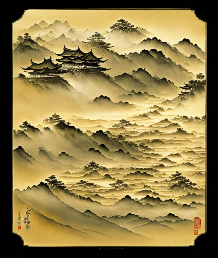 Asian Landscape Painting: Misty Mountain Ranges and Pagodas