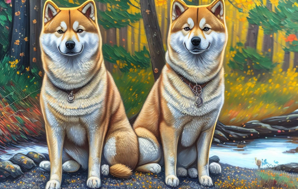 Shiba Inu dogs in colorful autumn forest with stream