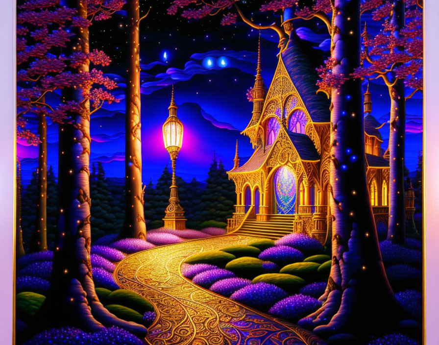 Vibrant fantasy artwork: luminous pathway to glowing house in purple flora under starry sky