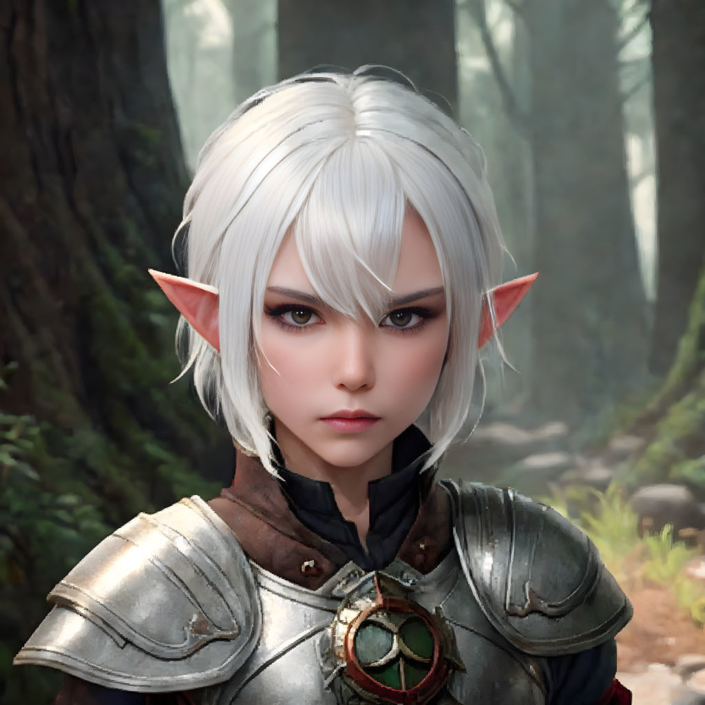 Fantasy female character with pointed ears, white hair, and armor in misty forest