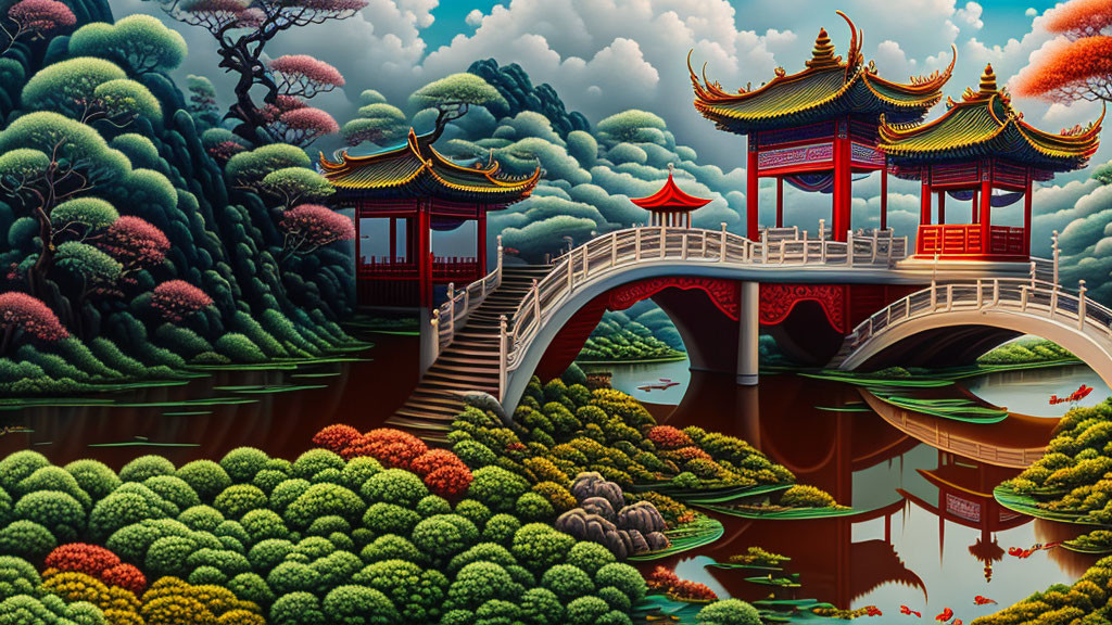 Traditional oriental landscape with pavilions, bridge, pond, trees, and cloudy sky.