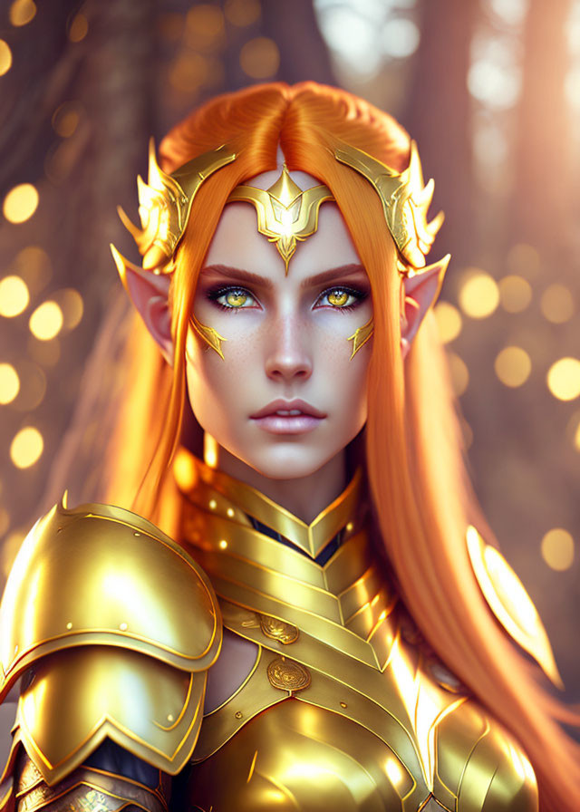 Elf with Golden Armor and Crown in Forest Setting