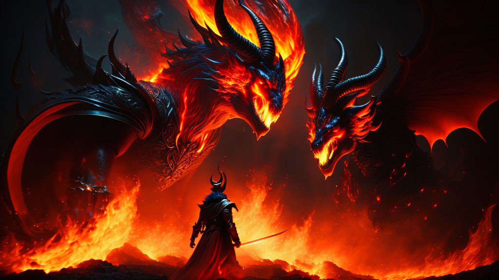 Warrior faces two massive dragons in fiery landscape