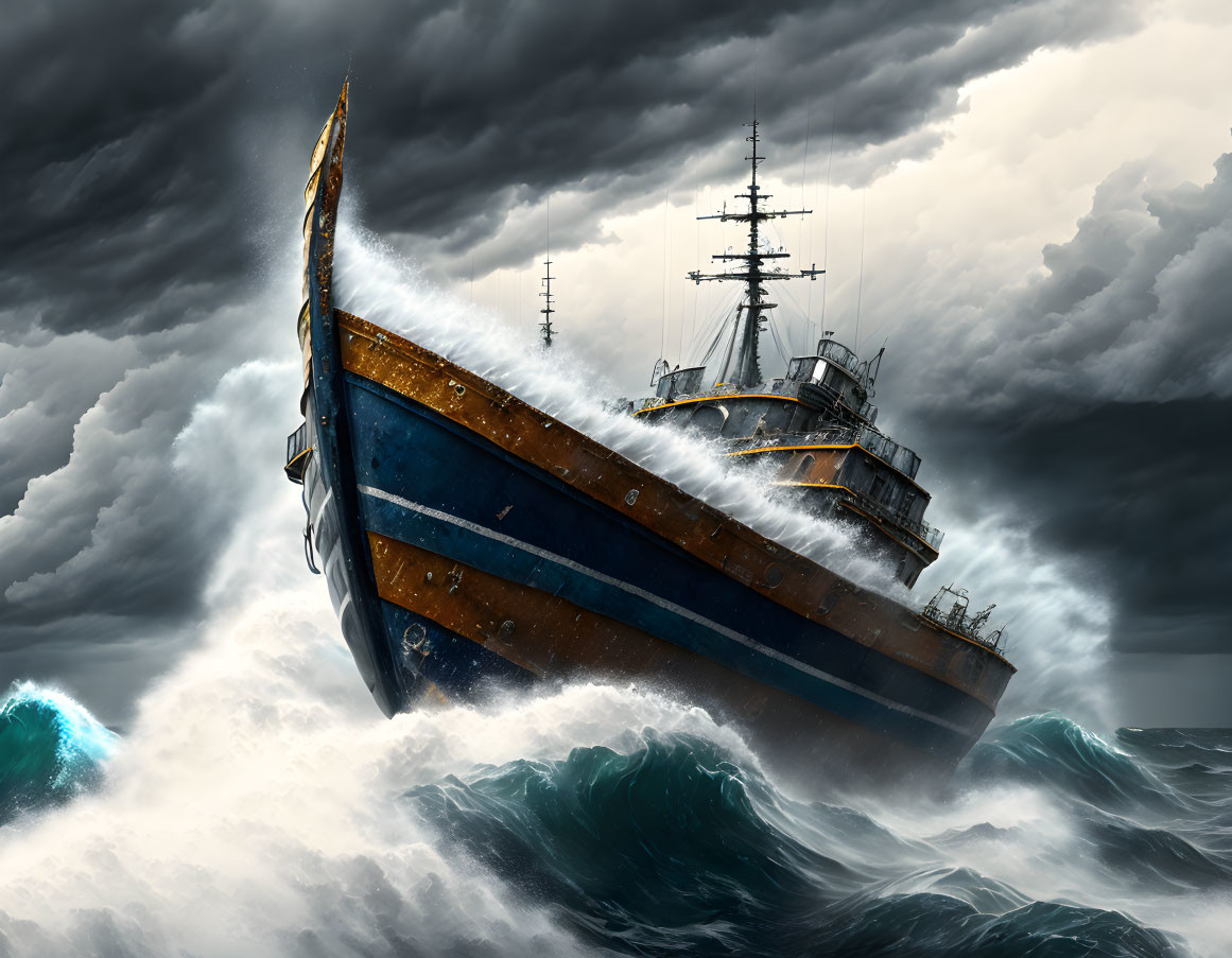 Stormy seas: Large ship braves turbulent ocean waves