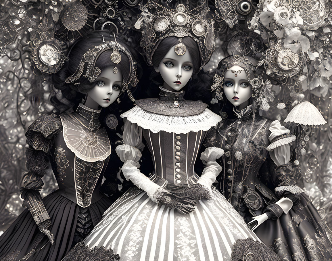 Three Victorian Steampunk Dolls in Lace Dresses