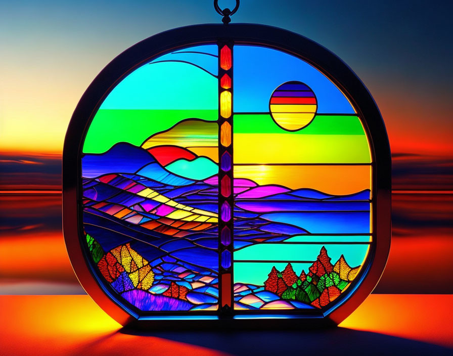 Vibrant landscape stained glass window with mountains and sunset