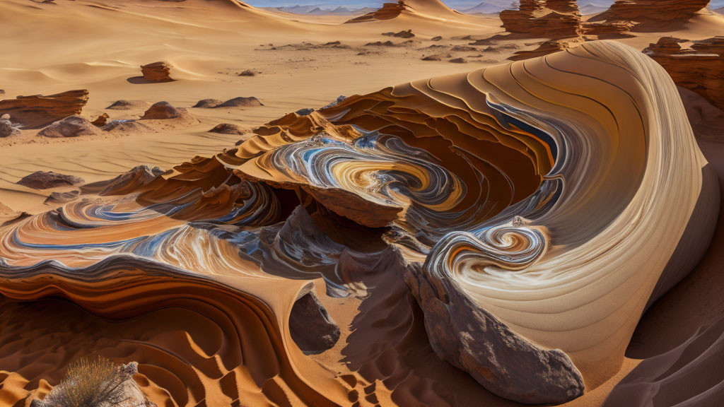 Layered swirling rock formations in surreal desert landscape