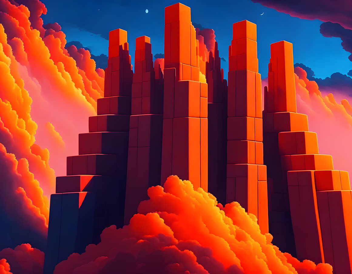 Colorful digital art: geometric structures in orange and red clouds