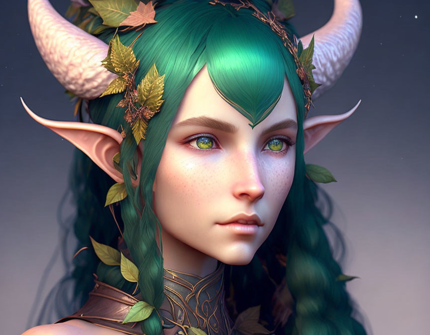 Fantasy female character portrait with green hair, elf ears, horns, and mystical aura