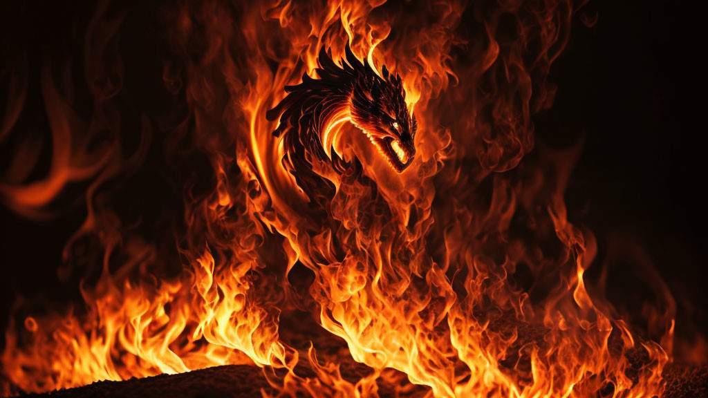 Colorful Dragon Surrounded by Flames on Dark Background