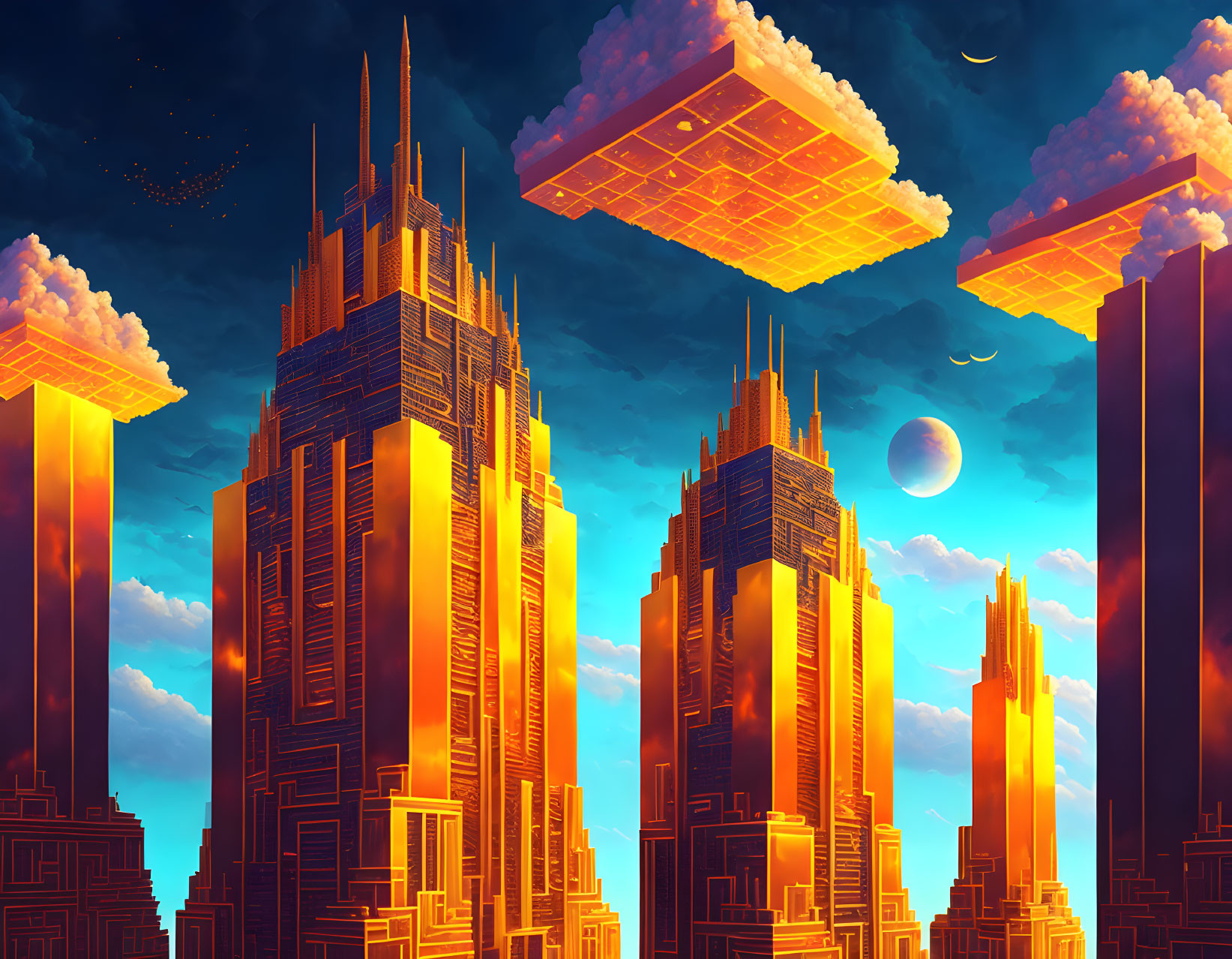 Futuristic cityscape with floating platforms and skyscrapers in golden light