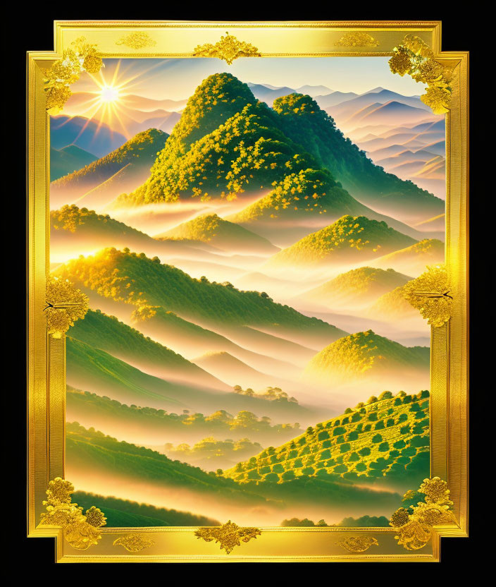 Golden frame surrounds vibrant misty mountain illustration