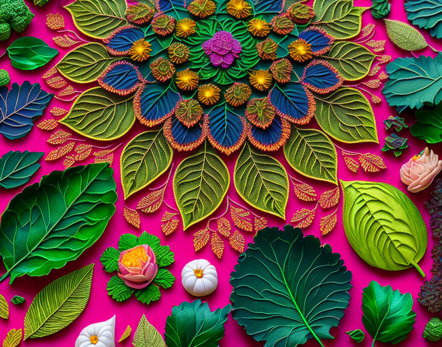 Colorful Mandala Design with Leaves and Flowers on Pink Background