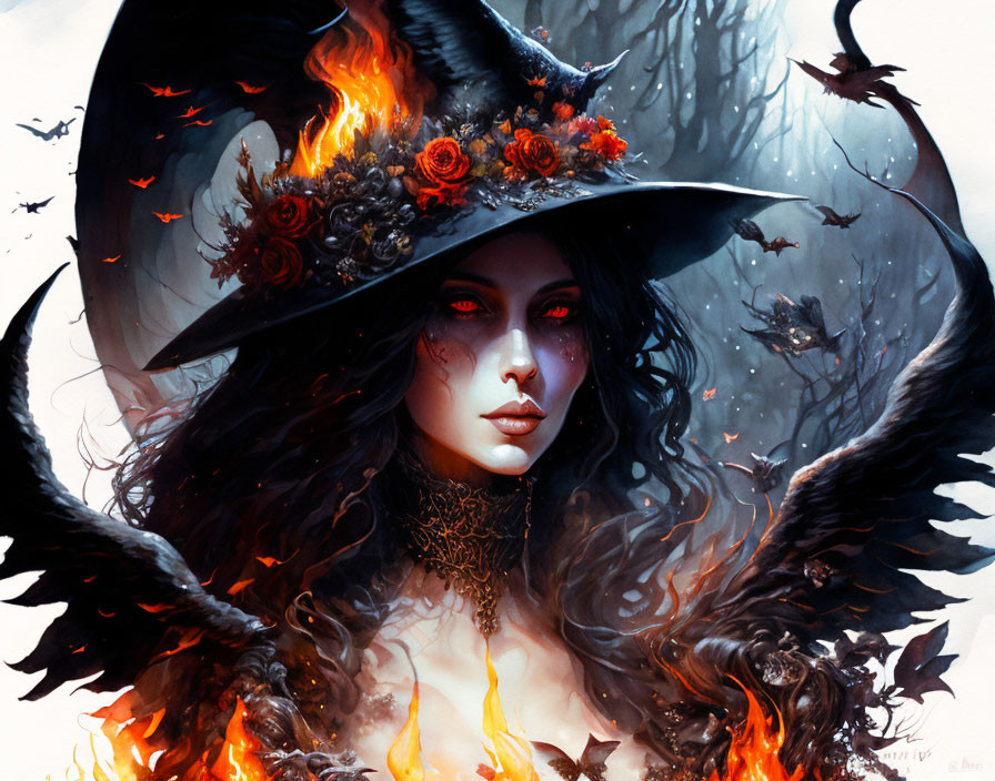 Gothic fantasy art: Woman in witch-like attire with black hat, red flowers, flames,