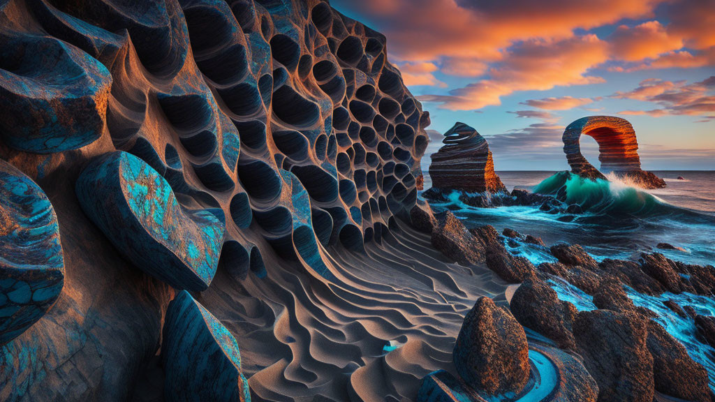 Patterned rock formations and arch-shaped rock with crashing wave in surreal coastal landscape.