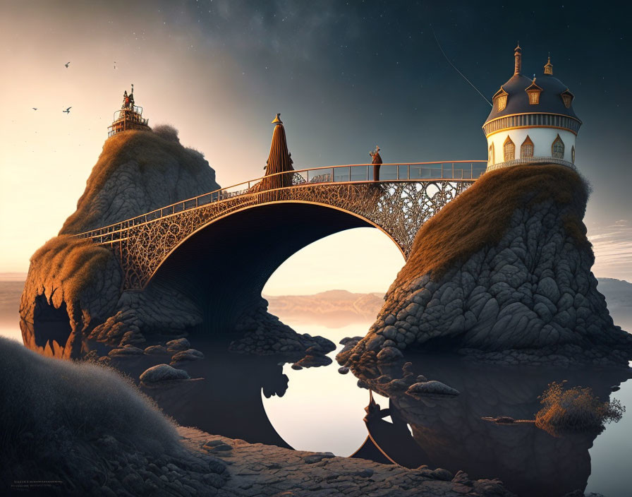 Serene fantasy landscape with lighthouse, bridge, and twilight sky