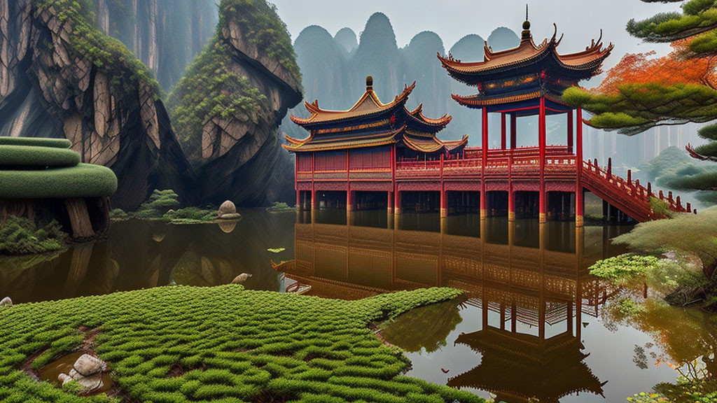 Tranquil Asian pavilion by misty lake and mountains