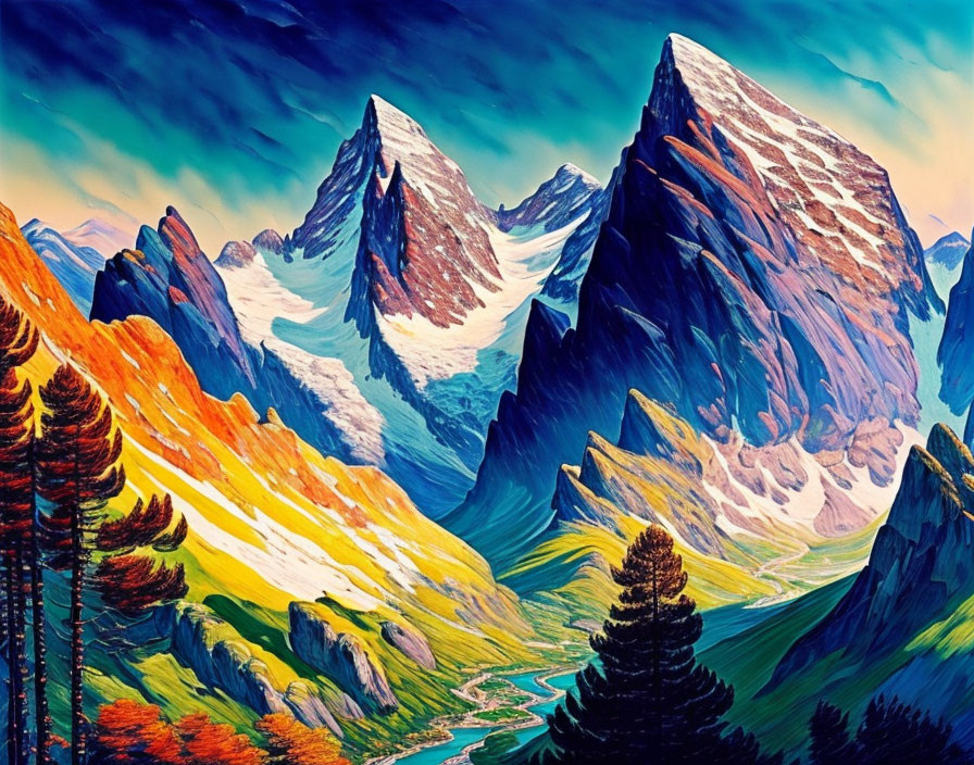 Colorful painting of mountain landscape with sharp peaks and swirling trees