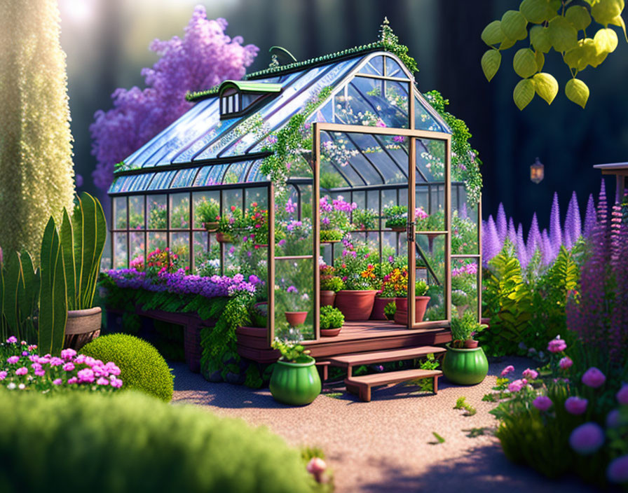 Greenhouse surrounded by lush plants and sunlight filtering through trees