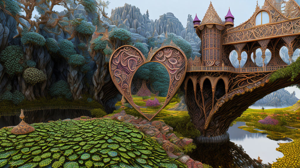 Detailed Fantasy Landscape: Heart-shaped Archway Bridge, Castle, Trees, Water, Rocky Terrain