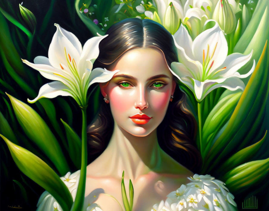 Woman portrait with dark hair amidst white lilies and green foliage