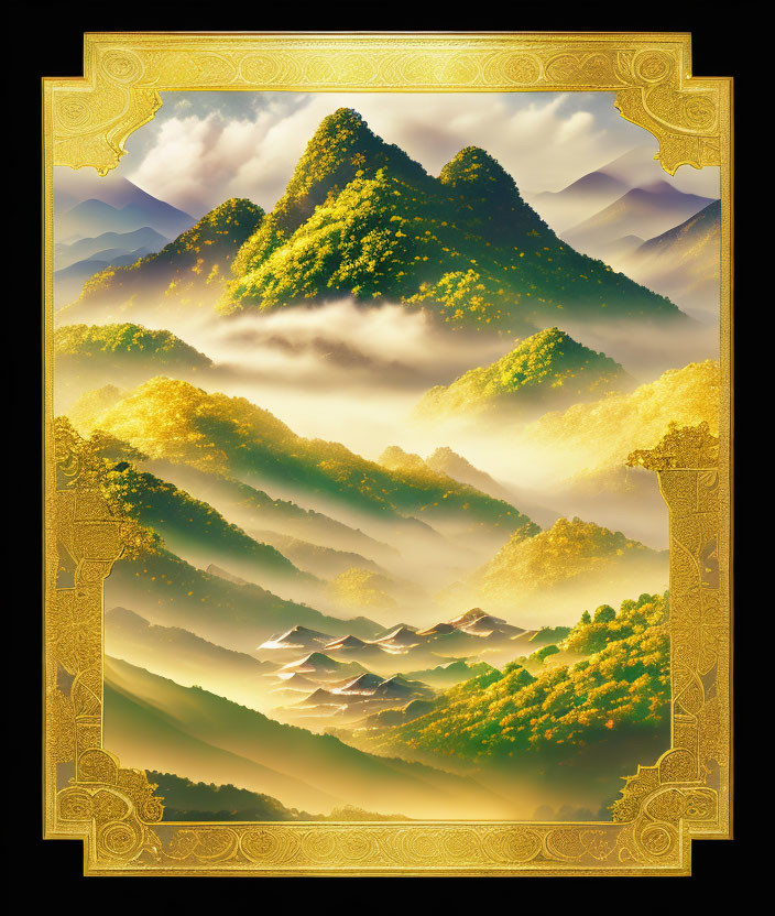 Golden-framed artwork: Misty mountains, green trees, Asian architecture in fog